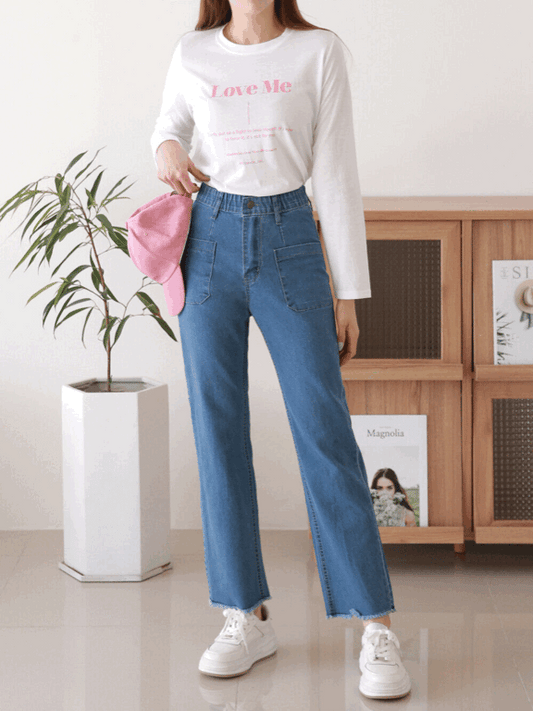 【內橡筋】雙口袋直筒牛仔褲(S-XL)