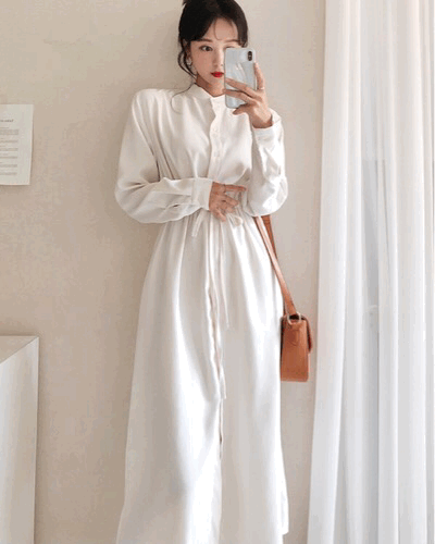 【紫灰色現貨】必入♤氣質立領恤衫綁帶連身裙 <KR> - IKIMSTORE