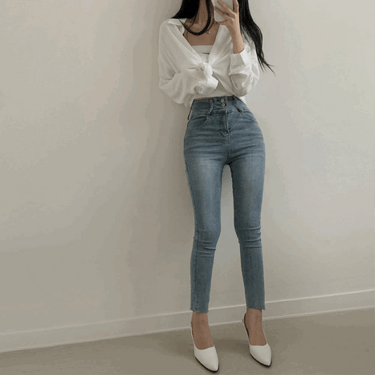 三粒扣修身彈性牛仔直腳褲(S-L) - IKIMSTORE