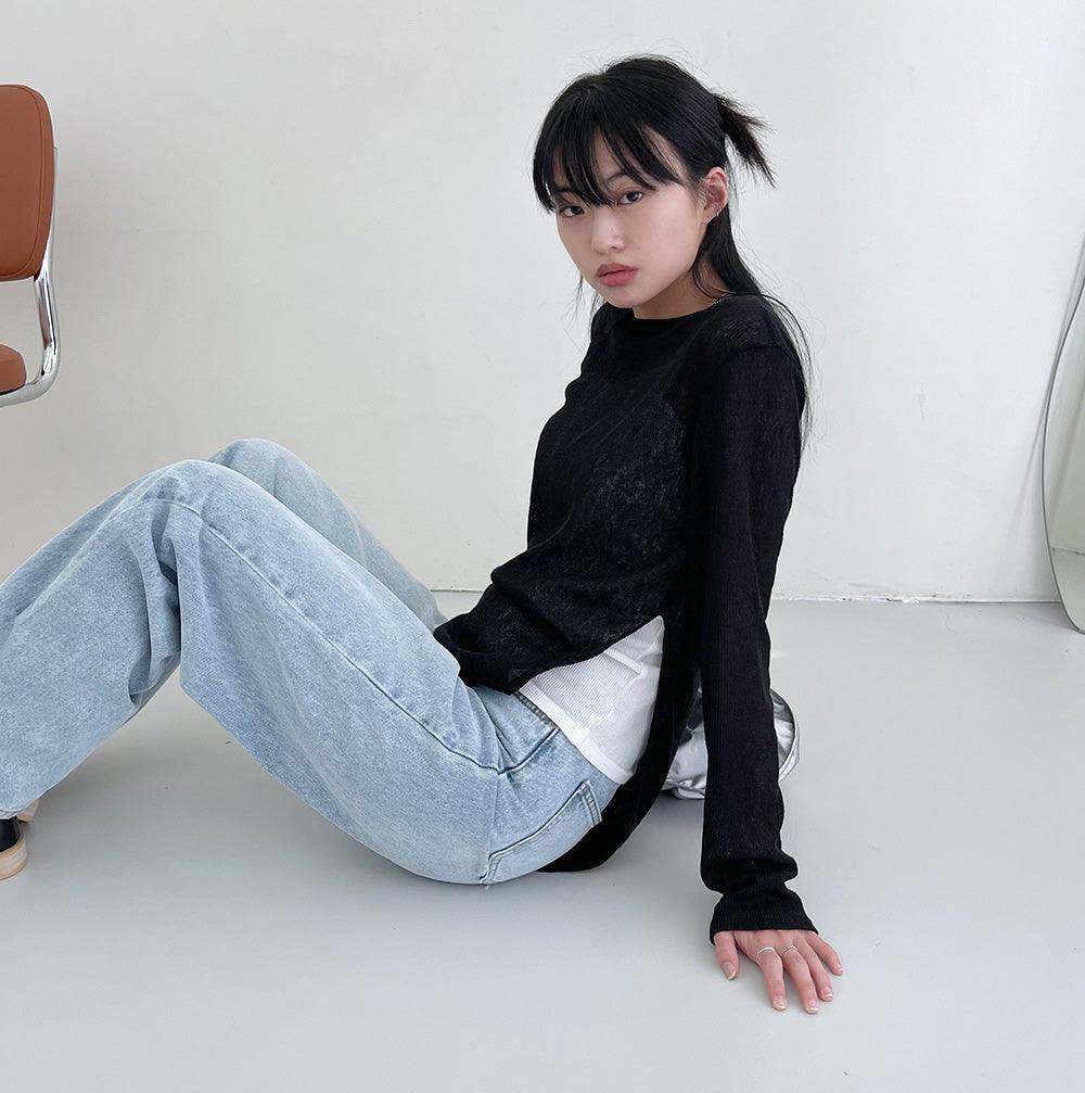 【現貨khaki】圓領開衩透膚長袖T恤<KR> - IKIMSTORE