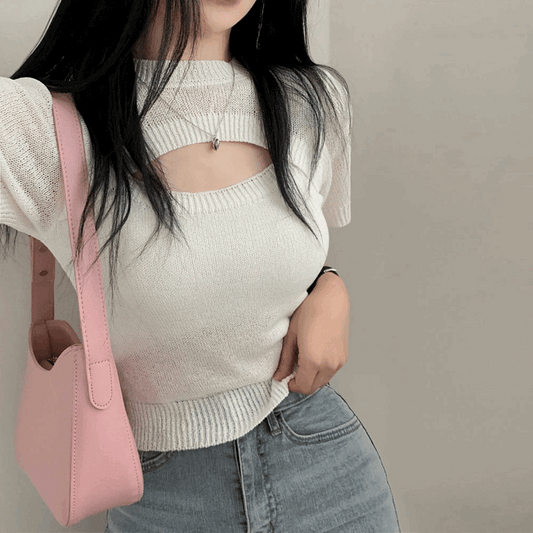 Eye-catching縷空假兩件式薄針衫 - IKIMSTORE