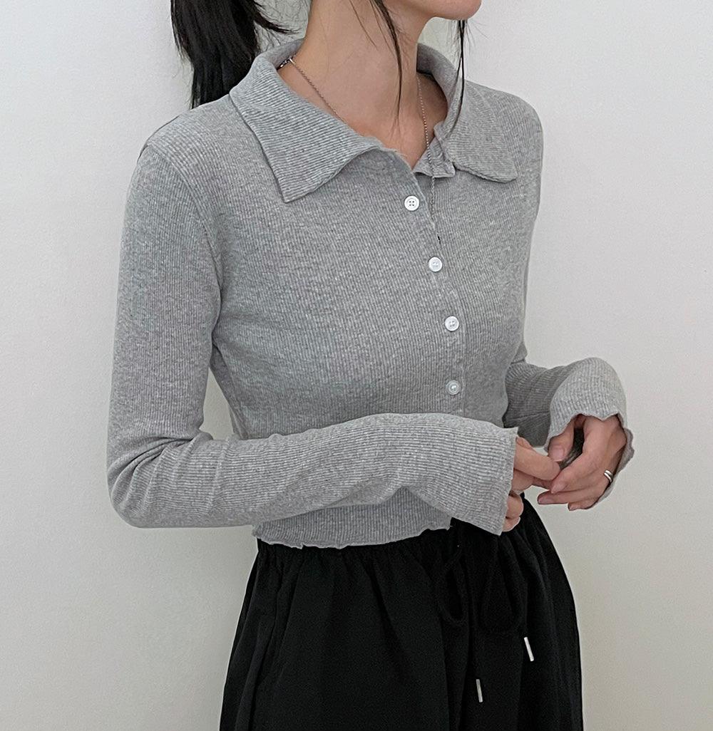 韓製羅紋翻領短款開衫<KR> - IKIMSTORE