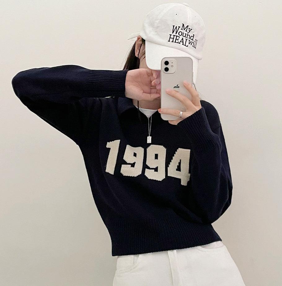【現貨ivory, navy】韓製1994翻領針織上衣<KR> - IKIMSTORE