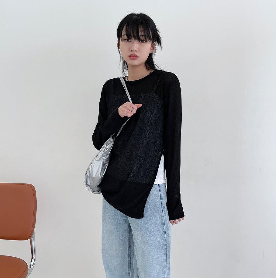 【現貨khaki】圓領開衩透膚長袖T恤<KR> - IKIMSTORE