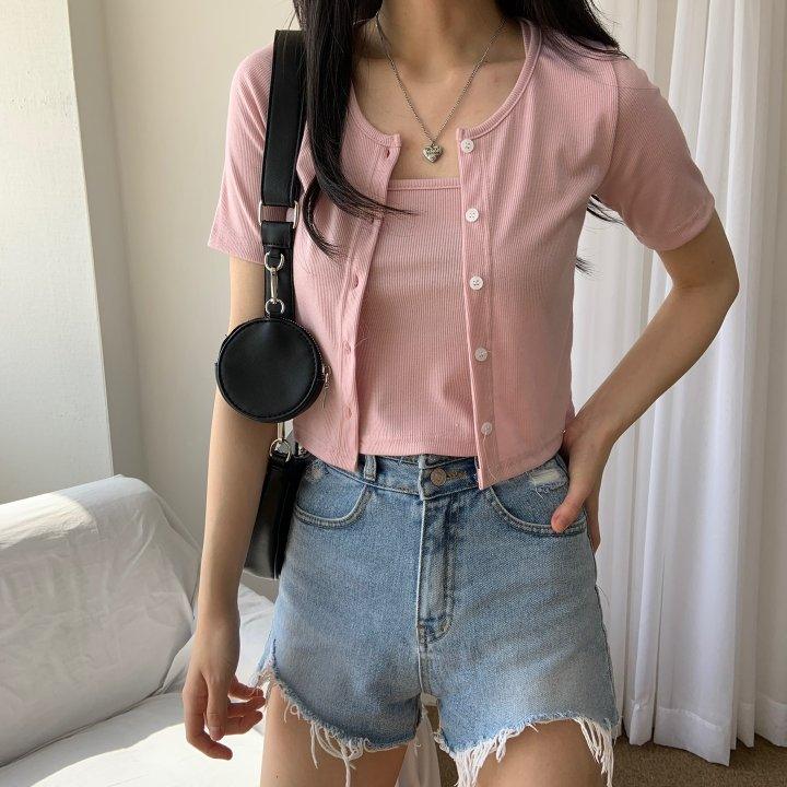 【現貨黑】🧡直紋交叉吊帶+小外套(套裝) - IKIMSTORE