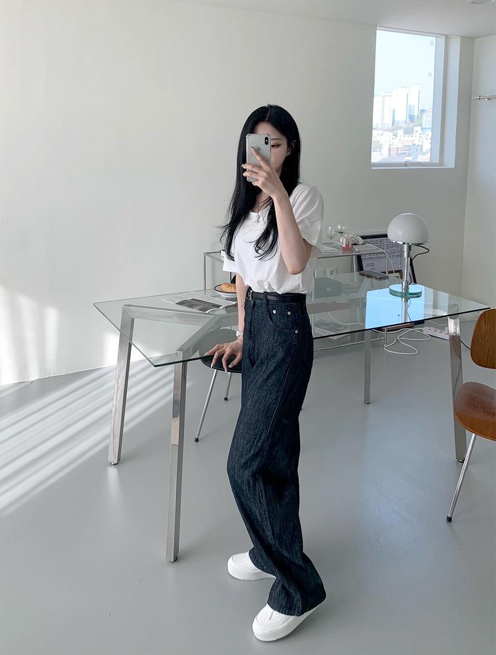 【薄款Cool感🧊/三種長度】原色牛仔闊腿褲<KR>(S-2XL) - IKIMSTORE