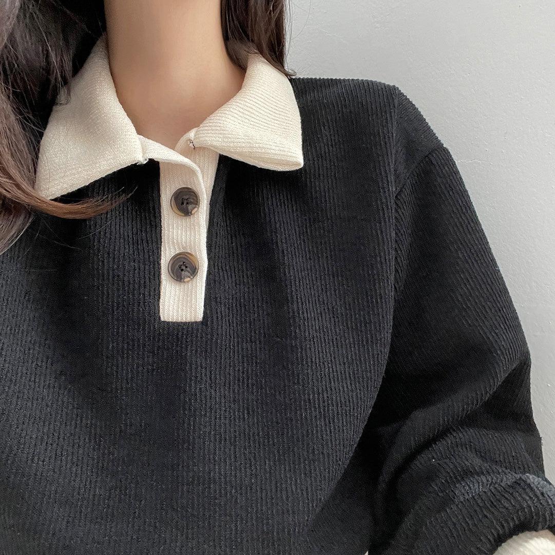 韓製羅紋開鈕撞色T恤<KR> - IKIMSTORE