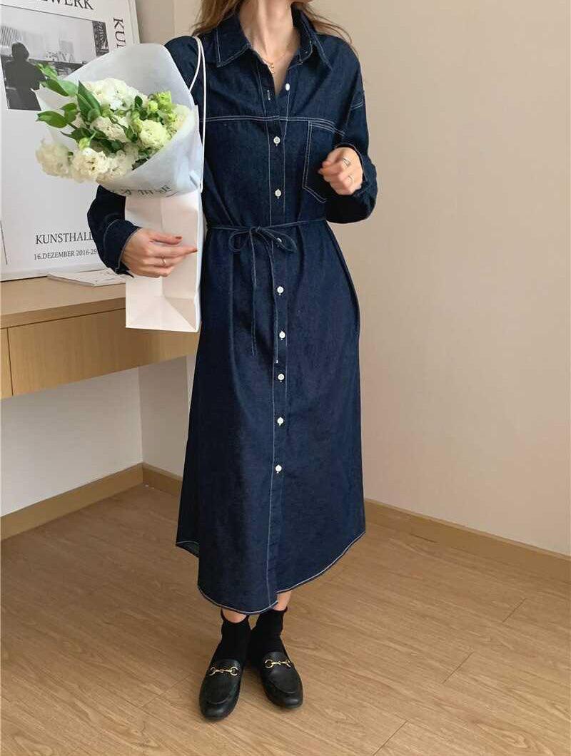 【現貨淺藍】明線牛仔恤衫長裙 - IKIMSTORE
