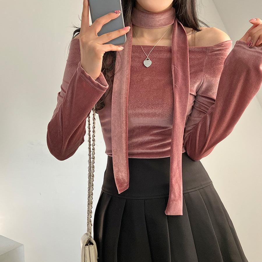 【現貨黑】🦢Velvet頸帶+露肩T恤套裝<KR> - IKIMSTORE