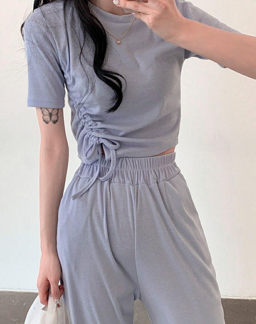 【現貨米、藍】抽繩crop top+休閒褲套裝♡兩件套 - IKIMSTORE