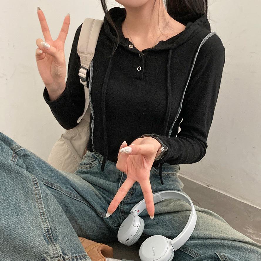 韓製獨特明線按扣連帽T恤<KR> - IKIMSTORE