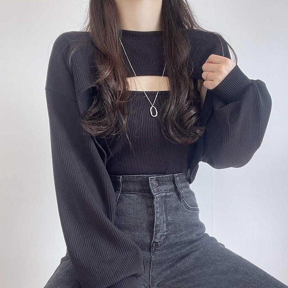 【SET】羅紋短版外套+背心套裝<KR> - IKIMSTORE