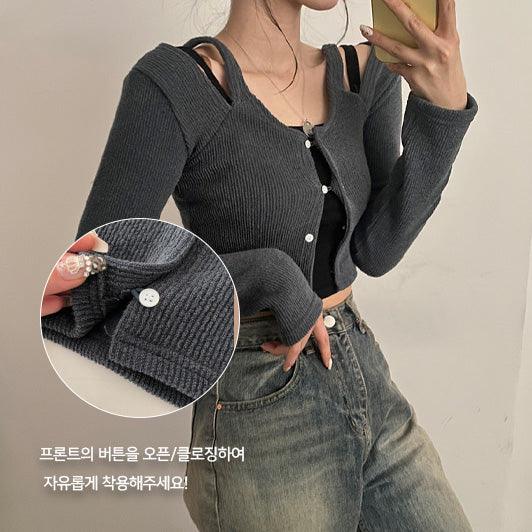 韓製獨特露肩鈕扣開衫<KR> - IKIMSTORE