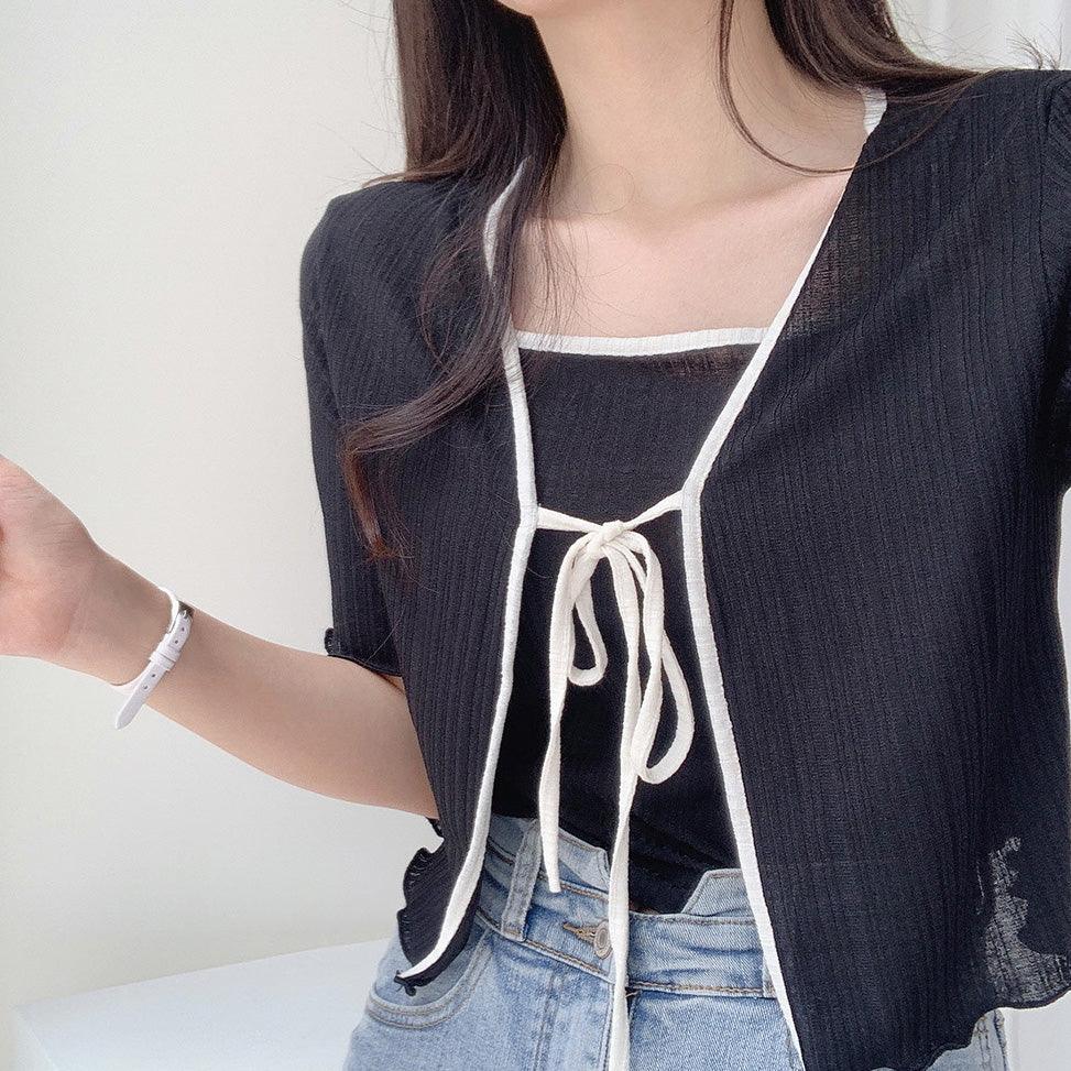 【完美搭配SET!】涼感綁帶撞色短袖開衫+背心套裝<KR> - IKIMSTORE