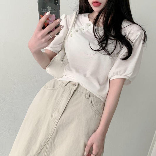 【現貨Oatmeal】輕盈麻料斜鈕T恤<KR> - IKIMSTORE