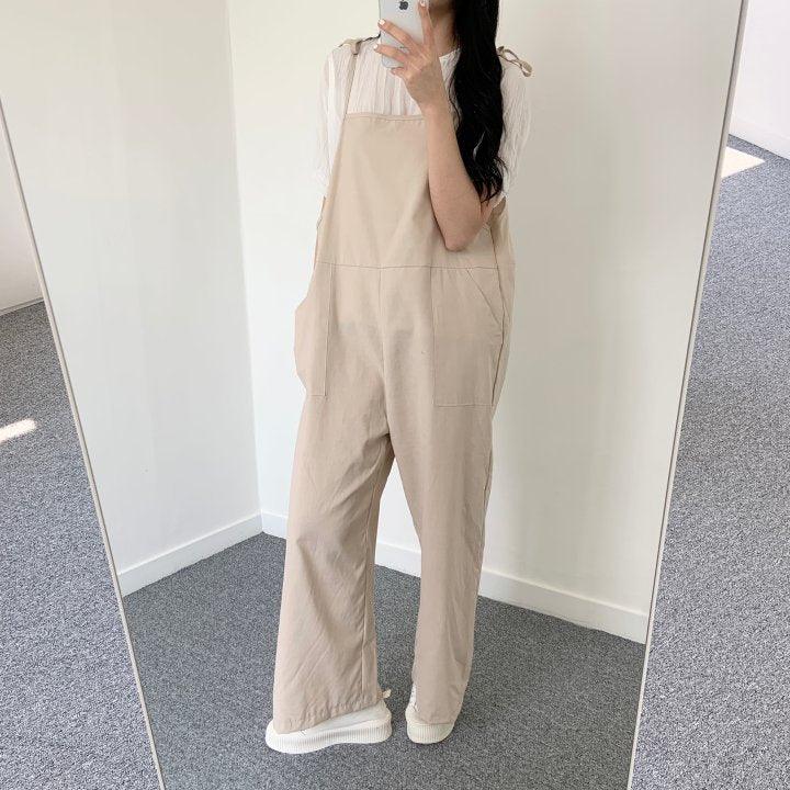 【現貨】鬆鬆感🤎肩帶綁帶休閒連身褲 - IKIMSTORE