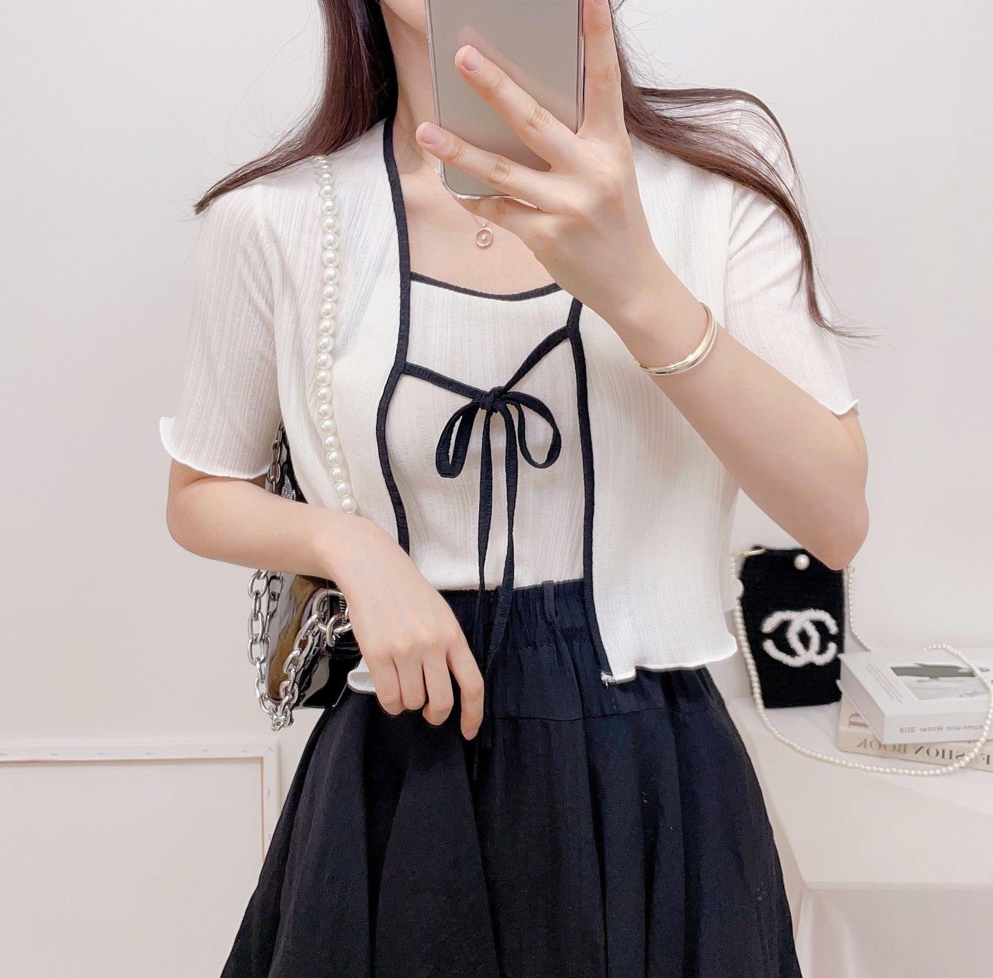 【完美搭配SET!】涼感綁帶撞色短袖開衫+背心套裝<KR> - IKIMSTORE