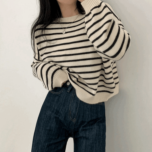 【現貨白】後背鈕扣條紋針織衫 - IKIMSTORE