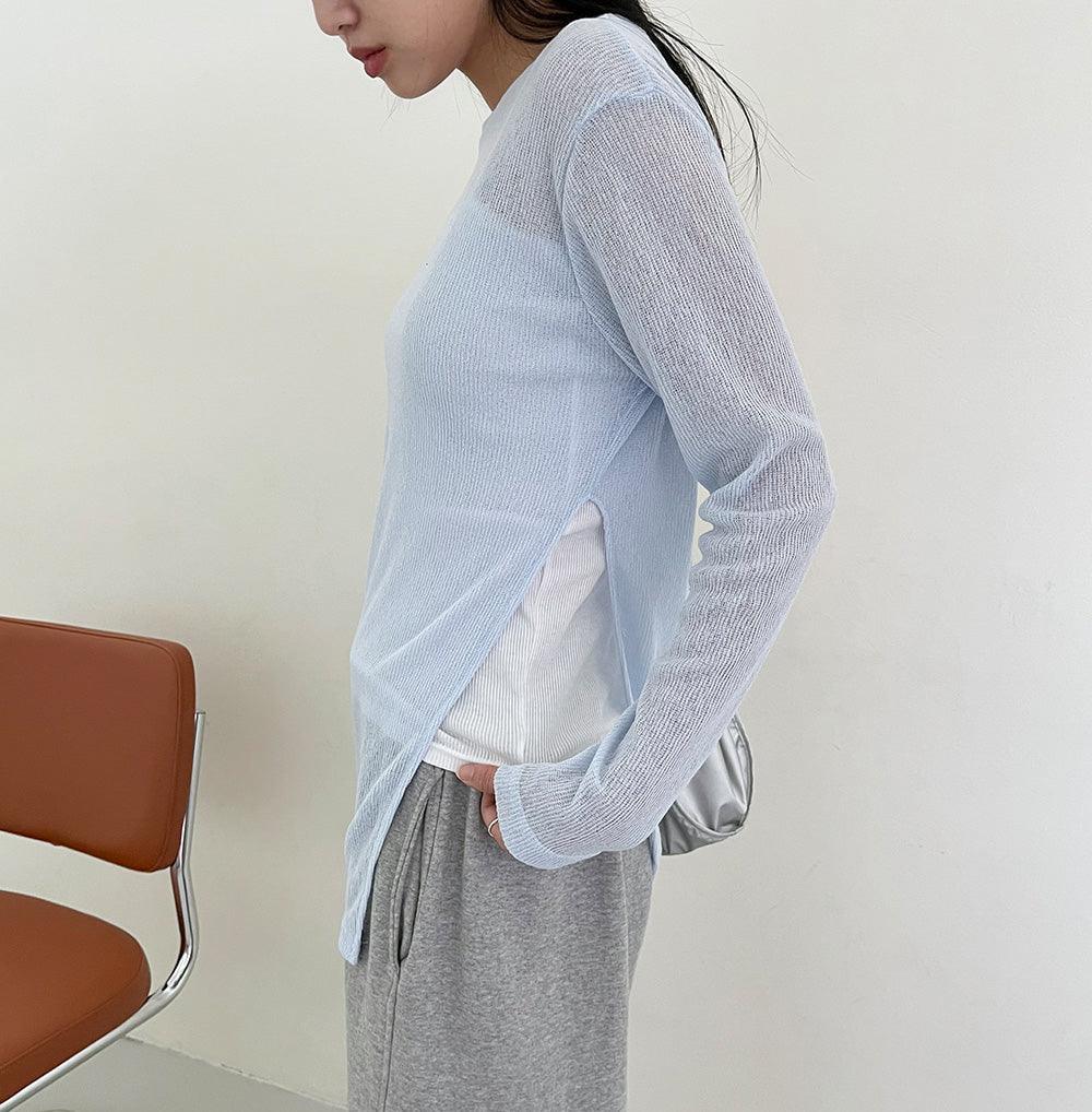 【現貨khaki】圓領開衩透膚長袖T恤<KR> - IKIMSTORE