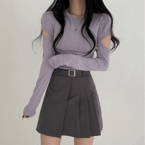 韓製手臂縷空短款修身T恤<KR> - IKIMSTORE