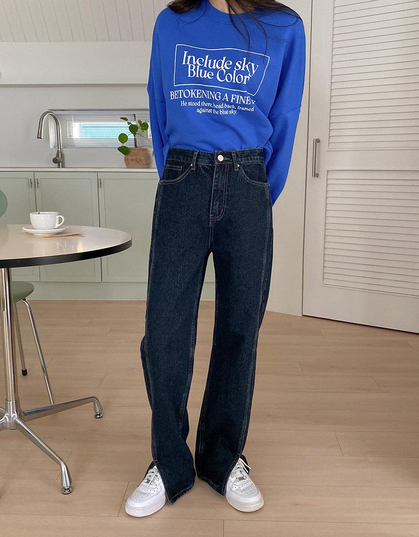 【超顯腿長!】靛藍開衩牛仔直筒褲<KR>(S-2XL) - IKIMSTORE