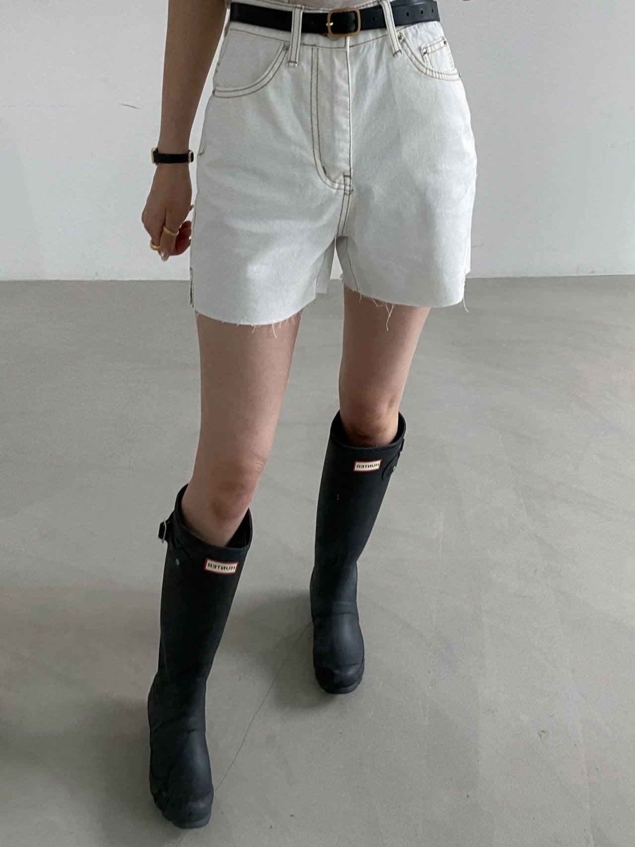 白色棕明線牛仔短褲<KR> - IKIMSTORE