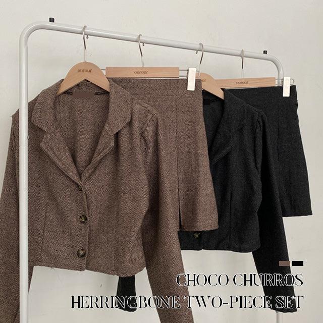 韓製斜紋軟呢短西裝外套+裙子套裝 - IKIMSTORE