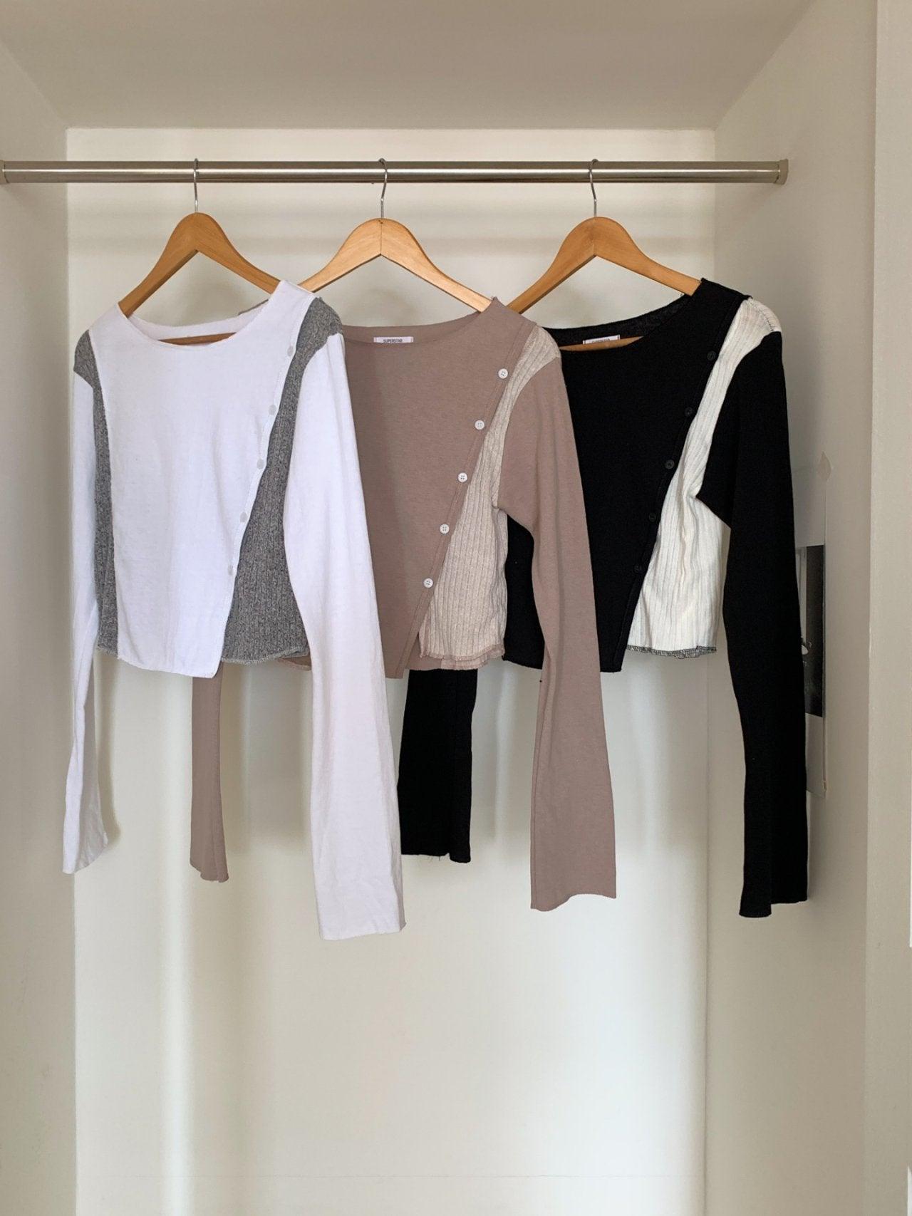 【Unique】斜開鈕拼接撞色長袖T恤<KR> - IKIMSTORE
