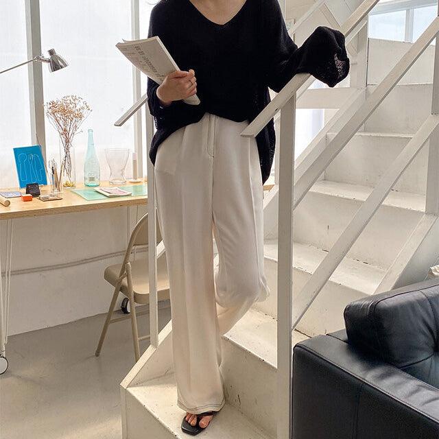 薄款明線闊腿西褲<KR> (S~2XL) - IKIMSTORE