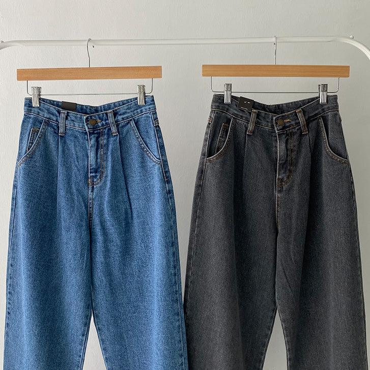【現貨藍(m)】韓製單褶直筒牛仔褲<KR> (S-L) - IKIMSTORE