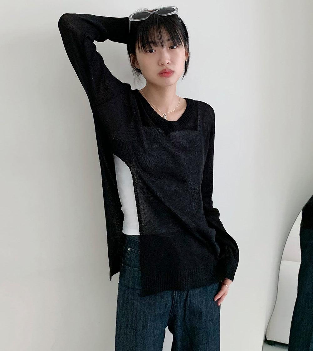 韓製V領開衩透膚針織衫<KR> - IKIMSTORE