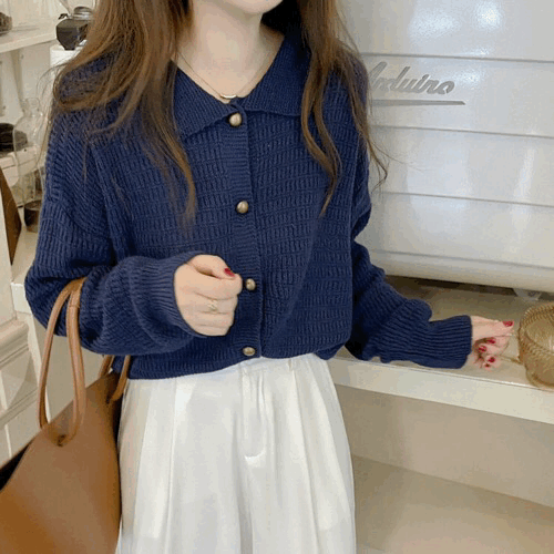 【現貨米/藏藍】超美✦高雅金扣翻領針織開衫 - IKIMSTORE