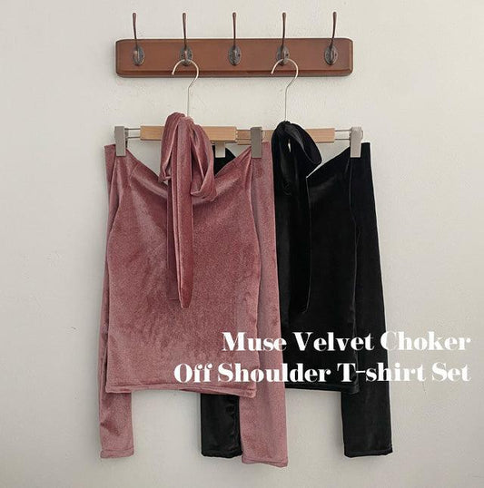 【現貨黑】🦢Velvet頸帶+露肩T恤套裝<KR> - IKIMSTORE