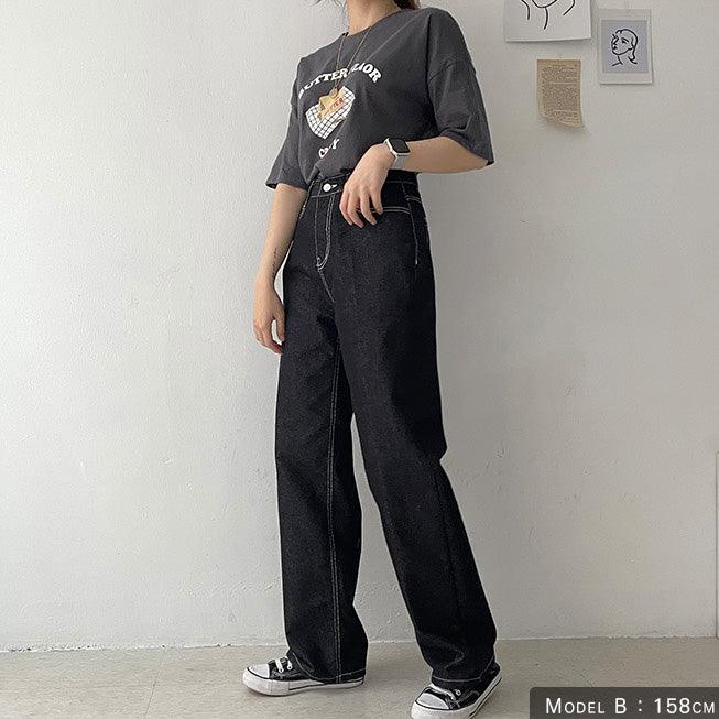 【現貨黑M】明線闊腳牛仔褲 <KR> (S-L) - IKIMSTORE