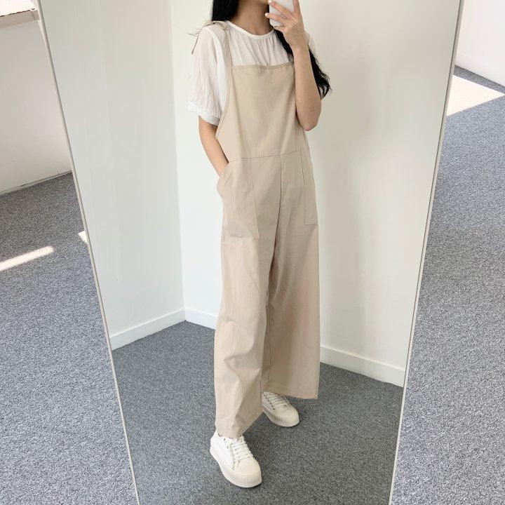 【現貨】鬆鬆感🤎肩帶綁帶休閒連身褲 - IKIMSTORE
