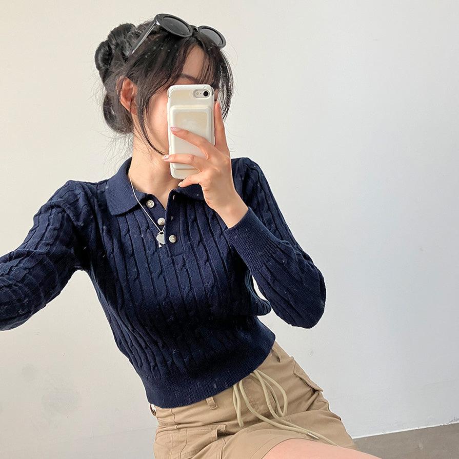 【現貨Navy】韓製麻花翻領開鈕針織上衣<KR>(6color) - IKIMSTORE