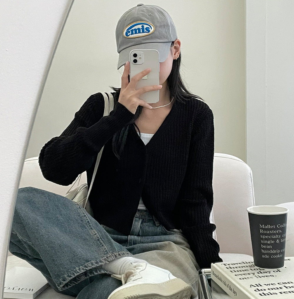 韓製淨色短款針織開衫<KR>