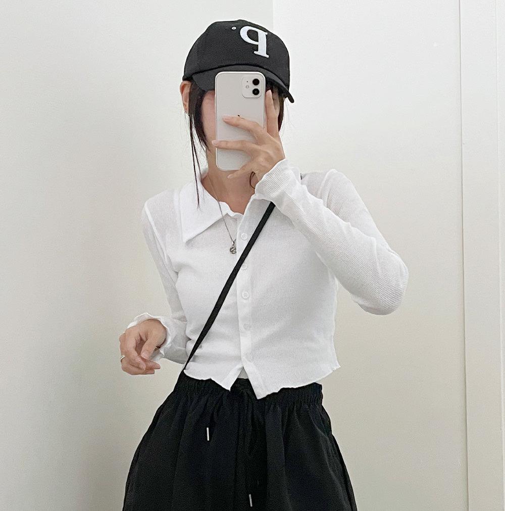 韓製羅紋翻領短款開衫<KR> - IKIMSTORE