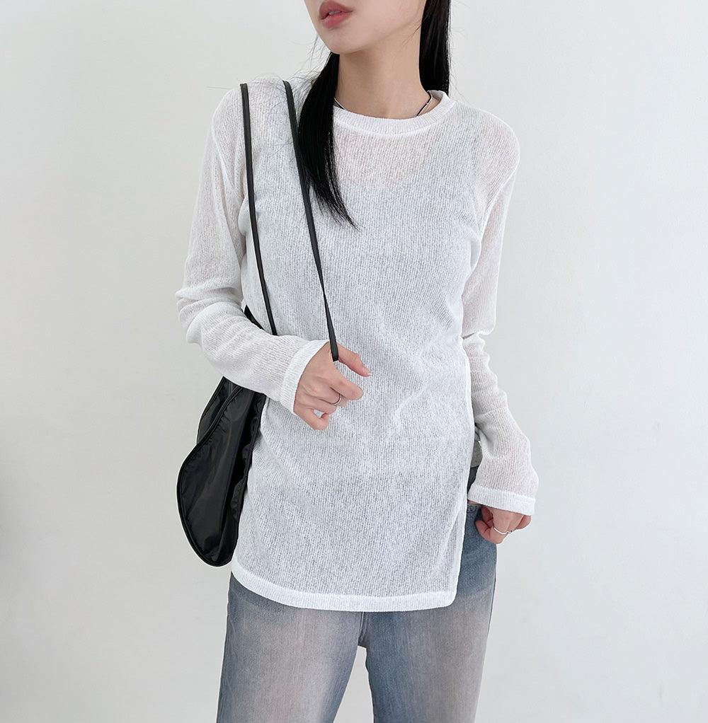 【現貨khaki】圓領開衩透膚長袖T恤<KR> - IKIMSTORE