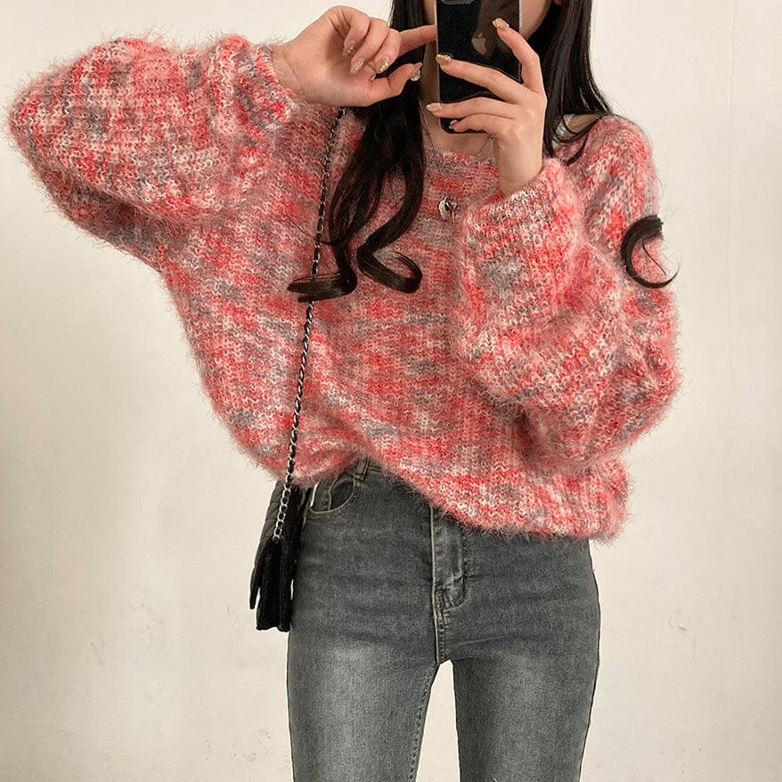 【現貨黑❣️年末Look】漸變色鎖骨船領針織上衣 - IKIMSTORE