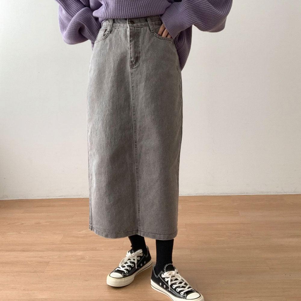 水洗開叉牛仔長裙<KR> - IKIMSTORE