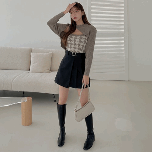 【部分現貨】西裝料半打摺腰帶短裙(S-L) - IKIMSTORE