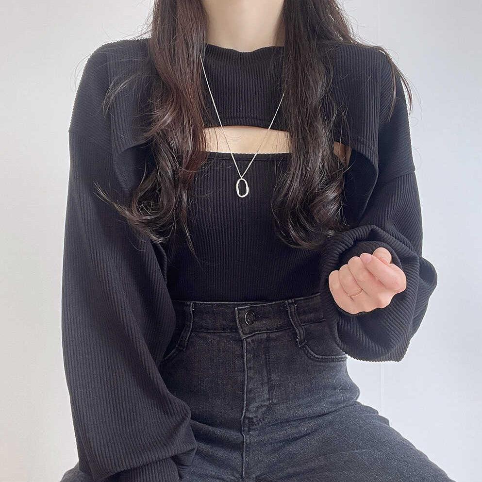 【SET】羅紋短版外套+背心套裝<KR> - IKIMSTORE