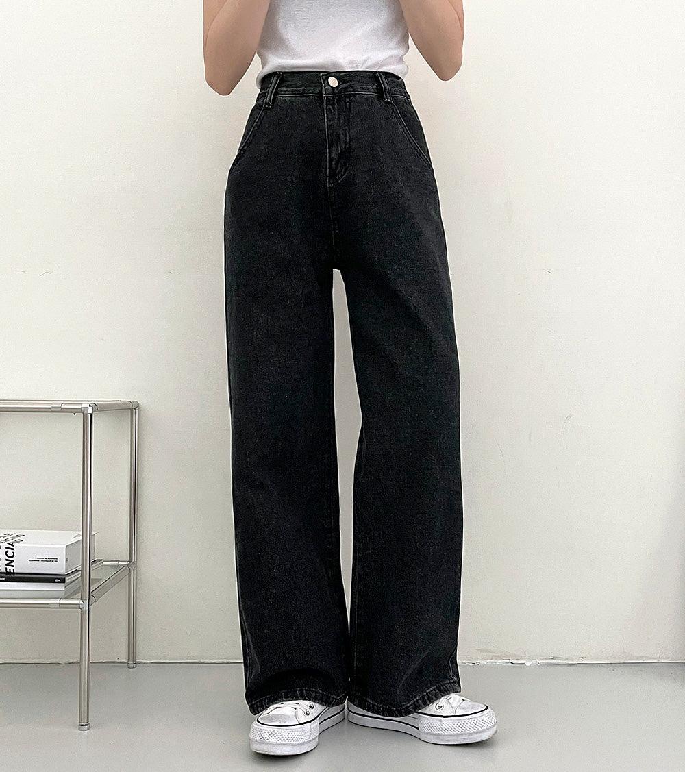 【後鬆緊腰】高腰灰黑牛仔闊腿褲(S-L) - IKIMSTORE