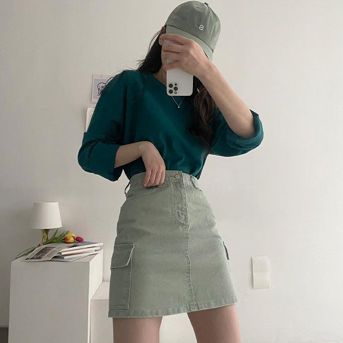 染色水洗牛仔工裝裙<KR> - IKIMSTORE