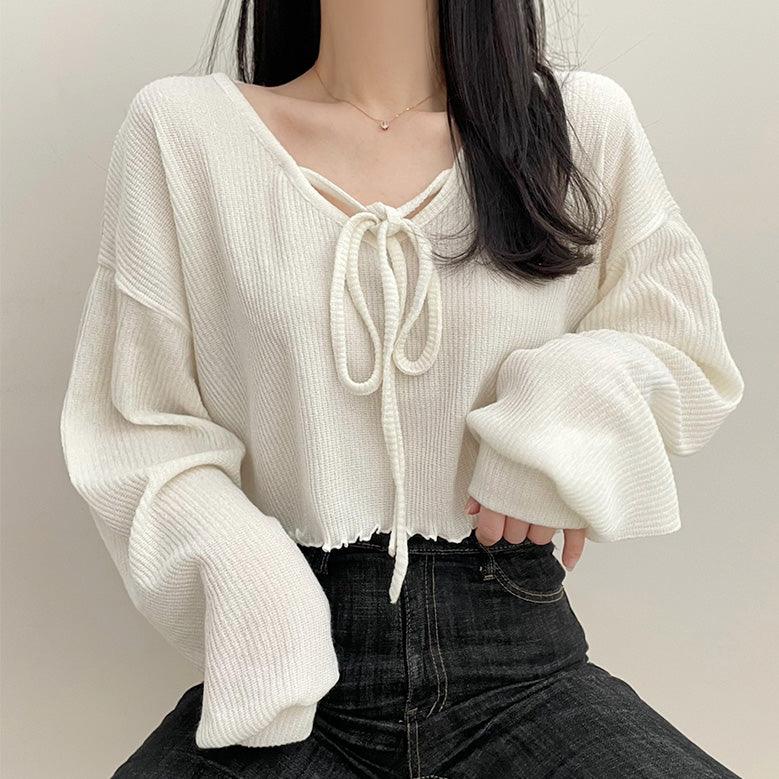 溫柔坑紋綁帶短款上衣<KR> - IKIMSTORE