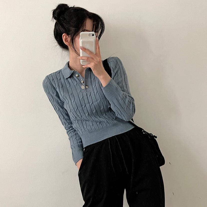 【現貨Navy】韓製麻花翻領開鈕針織上衣<KR>(6color) - IKIMSTORE