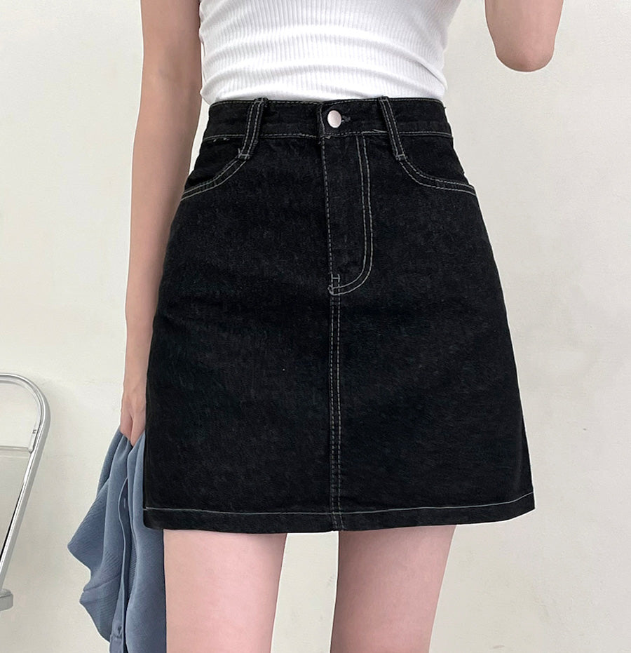 【現貨黑M】韓製明線牛仔迷你裙(S-2XL)