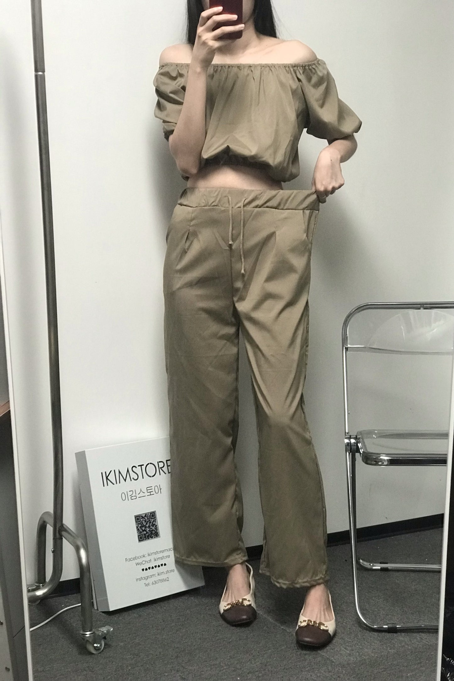 【現貨】一字露肩衫+長褲兩件套SET - IKIMSTORE
