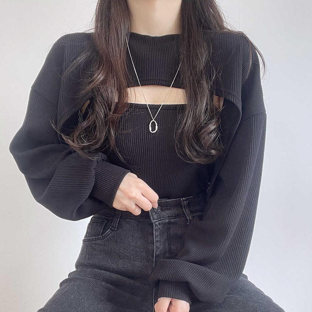 【SET】羅紋短版外套+背心套裝<KR> - IKIMSTORE